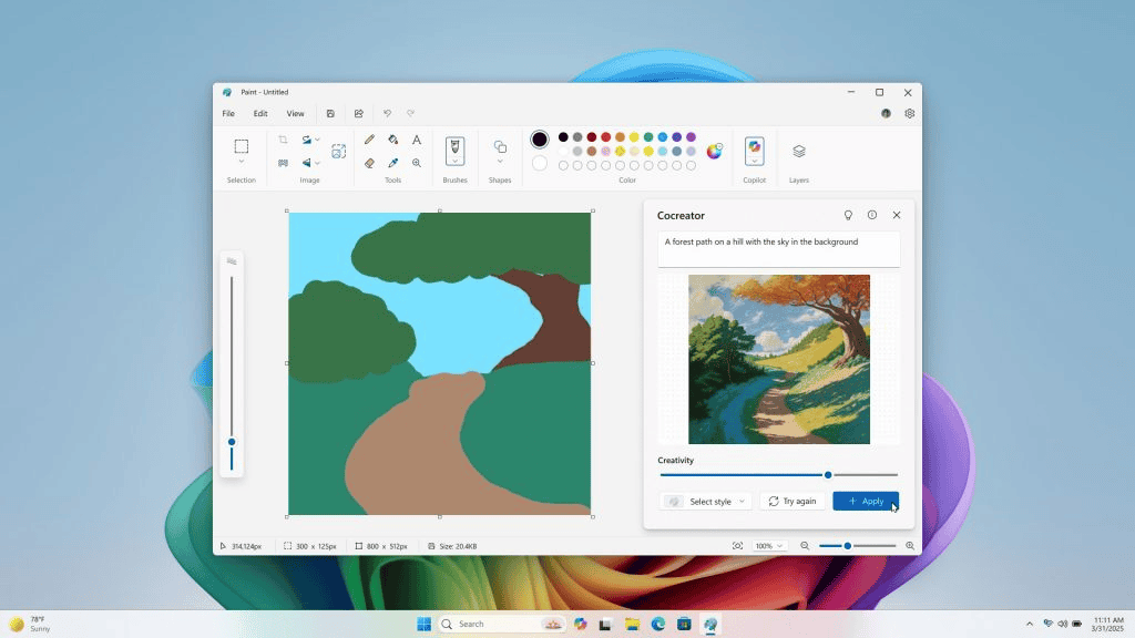 Een screenshot van een digitale schilder-app van een eenvoudig landschap met een bruin pad, groene bomen en een blauwe lucht, met rechts een stijlsuggestie voor het verbeteren van het kunstwerk.