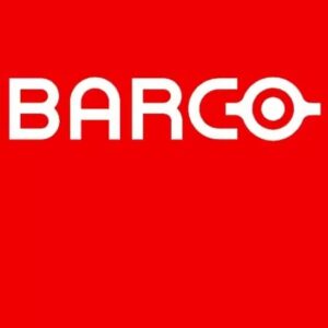 Witte "BARCO" tekst in een modern lettertype op een effen rode achtergrond, met de letter "O" gestileerd als een cirkelvormig symbool met een punt in het midden.