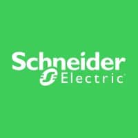 Schneider Electric logo met witte tekst en gestileerd "S" symbool op een groene achtergrond.